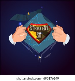 man open shirt to show strategy logotype in comic style. power of strategy concept - vector illustration