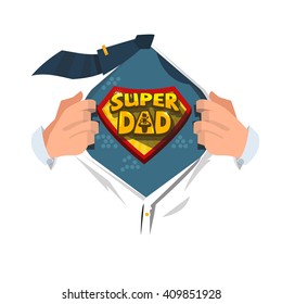 Man open shirt to show "Super Dad typographic " in comic style. super father concept. typographic design - vector illustration