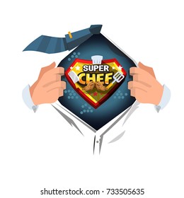 man open shirt to show "super chef logo" - vector illustration