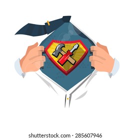 man open shirt to show "Tools icon" in hero style. fix and repair concept - vector illustration