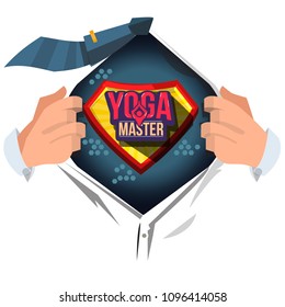 Man open shirt to show "Yoga master" logotype in comic style - vector illustration