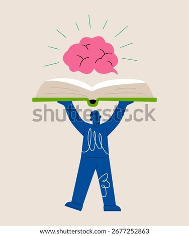 Man open text book with big human brain above. Colorful vector illustration 
