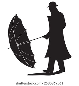 Man with open umbrella in hand. Vector illustration.