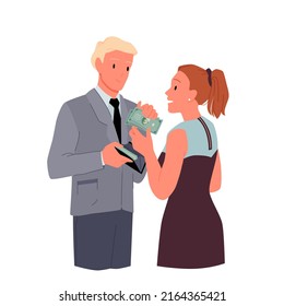 Man with open wallet giving money to young woman vector illustration. Cartoon girl taking currency from guy in suit, husband and wife standing isolated on white. Financial family support concept