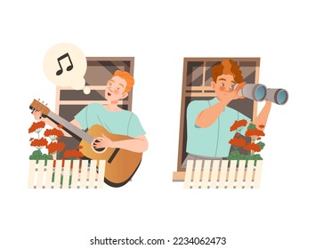 Man in Open Window Playing Guitar Singing and Looking into Binoculars Vector Set