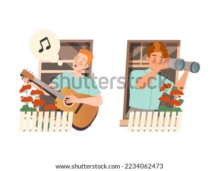 Man in Open Window Playing Guitar Singing and Looking into Binoculars Vector Set