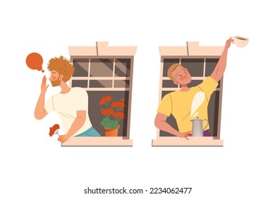 Man in Open Window Talking to Neighbor and Giving Cup Vector Set