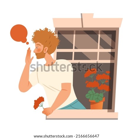 Man in Open Window Talking to Neighbor Vector Illustration