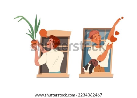 Man in Open Window Talking to Neighbor Giving Houseplant and Sending Love Heart Vector Set