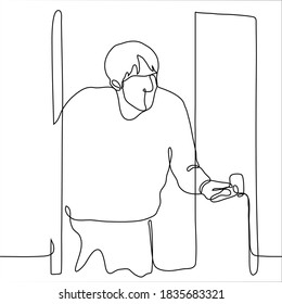 man opened the door and looks in. one line drawing concept to enter carefully, check, ask for a visit, visit, stand in the doorway