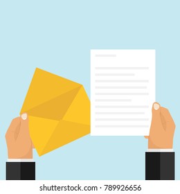 The Man Opened The Envelope And Read The Letter. The Hand Holds An Envelope And A Letter. Flat Design, Vector Illustration, Vector.