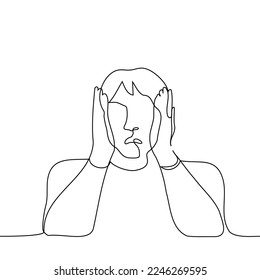 man opened his mouth and grabbed his head - one line drawing vector. concept shock, fear or horror