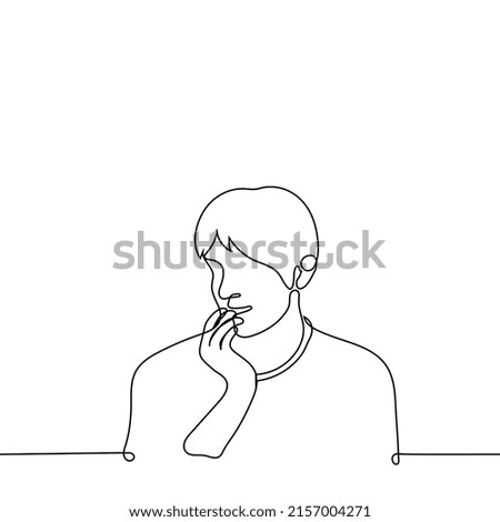 man opened his mouth and put the pads of his fingers on his lower lip he smiles - one line drawing vector. the concept of inspiration, good anticipation, dreaming and craving