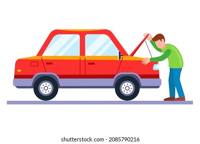 a man opened the hood of a car to fix a vehicle. broken car. flat vector illustration.