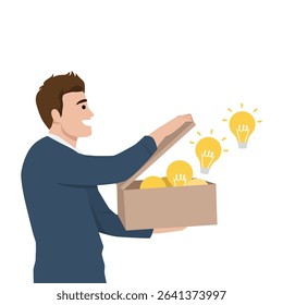 Man opening a box filled with glowing light bulbs, Release of creative ideas and innovation. Flat vector illustration isolated on white background