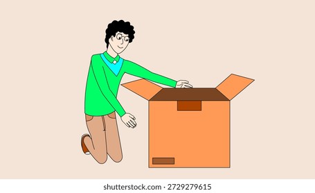 Un hombre está abriendo una caja. La caja es naranja y el hombre está arrodillado. El hombre lleva una camisa verde