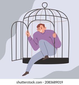 Man opening a cage and becoming free. Freedom, overcoming fear, escaping comfort zone concept. Hand drawn vector flat cartoon style illustration