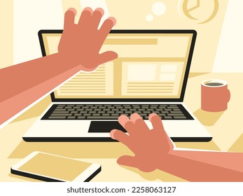 Man opening or closing a laptop. Beginning or ending of work. Vector illustration