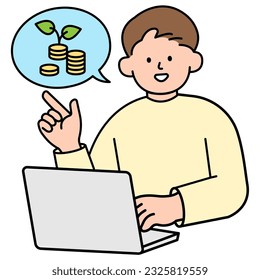Man öffnet den Computer, um die Einsparungen zu überprüfen. Einfache Vektorgrafik im Stil.