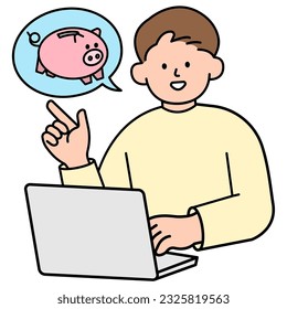 Man Opening Computer and Discussing Piggy Bank. Simple Style Vector illustration.