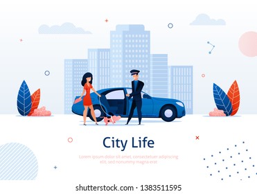 Man Opening Door Of Car For Woman With Dog On Cityscape Background Banner Vector Illustration. Luxury Service For Transportation Around Town. Rich Person Travelling With Animal On Leash.