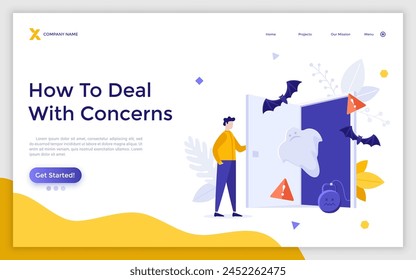 Man opening door and ghosts, bats and monsters coming out of it. Concept of release of negative thoughts, toxic emotions, subconscious or unconscious fears. Flat vector illustration for landing page