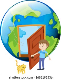 Man opening door for pet cat on earth illustration