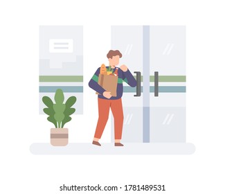 A man opening a door using his elbow illusration after shopping at supermarket or grocery