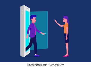 Man opening door and walking out of mobile for meet a woman. Illustration about online friend.