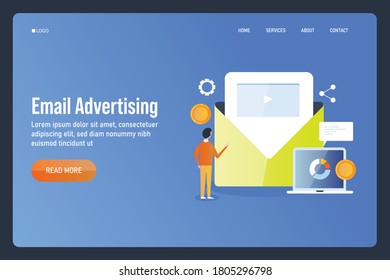 Man opening email, Email marketing analytics, Email advertising - conceptual vector landing page template with icons and texts