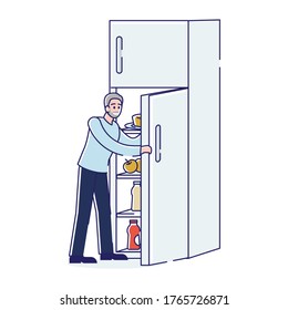 Man Opening Fridge. Adult Cartoon Character At Open Freezer For Meal Over White Background. Home Kitchen Appliance And Food Concept. Line Art Vector Illustration