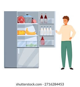 Man öffnet den vollen Kühlschrank und wählt Lebensmittel, gesunde Ernährung und Lifestyle-Konzept