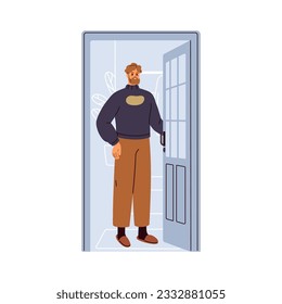 Man opening home door, unlocking house entrance, doorway. Person standing in slippers inside apartment at threshold, looking outside, meeting smb. Flat vector illustration isolated on white background