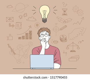 A man is opening a laptop and thinking about ideas. Shiny light bulb and doodle icons. hand drawn style vector design illustrations.