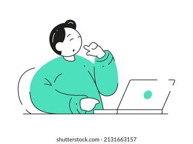 A man is opening a laptop and thinking about ideas. Vector illustration of a thoughtful young man working on laptop at workplace having some questions