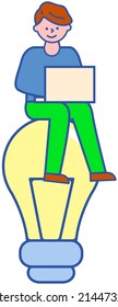Man opening laptop and thinking about new idea, job, plan. Guy working on computer, searching for solutions. Freelancer sits on light bulb as symbol of idea. Work with innovative technology concept
