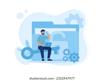 man is opening a locked file on laptop trending concept flat illustration