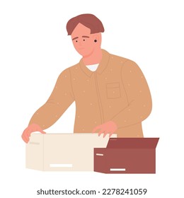 Man opening order parcels. Online shopping, delivery courier service vector illustration