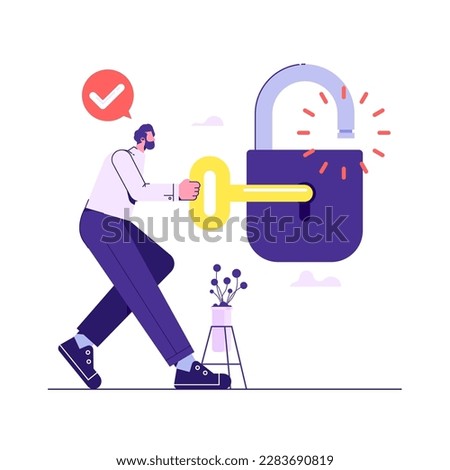 Man opening padlock with key. Concept of approved, allowed or authorized access to protected data, successful authorization, right password. Modern flat vector illustration