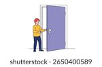 Man opening a purple door with a handle reaching to enter a room or space