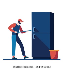 Un hombre está abriendo una puerta del refrigerador. El hombre lleva un sombrero rojo y pantalones azules. El refrigerador es negro y tiene un mango plateado