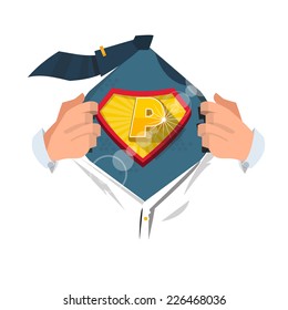 man opening shirt to show alphabet "P" in superhero style. alphabet concept - vector illustration