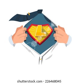 man opening shirt to show alphabet "L" in superhero style. alphabet concept - vector illustration