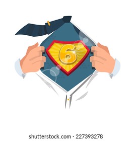 man opening shirt to show number "6" in superhero style. number concept - vector illustration