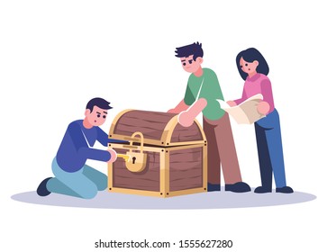 Man Opening Treasure Chest Flat Vector Illustration. Friends In Quest Room, Woman And Men Solving Mystery Isolated Cartoon Characters On White Background. Logic Team Game, Modern Entertainment