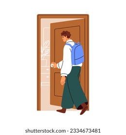 Man opening, unlocking door, entering house. Young person with backpack returning, coming back to apartment, stepping inside. Guy at entrance. Flat vector illustration isolated on white background