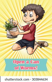 Man opening worms can illustration