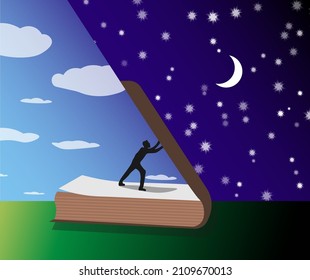 The man opens the book. Learning is light and ignorance is darkness. Concept vector illustration.