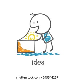 man opens a box with the idea-bulb illustration