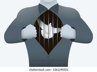 A man opens a chest showing inside a bird in a cage. The concept is not free to the soul of man. Vector illustration.